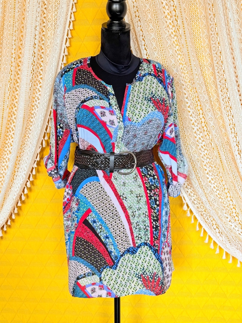 Josie Natori Boho Patchwork Flowy Resortwear V-Neck Kimono Tunic Sz XL - Picture 8 of 17